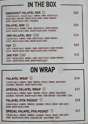 Menu Aug 25 at Wazzup Falafel in Northcote