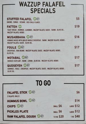 Menu Aug 25 at Wazzup Falafel in Northcote