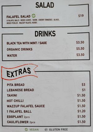 Menu Aug 25 at Wazzup Falafel in Northcote