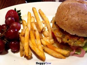 Vegan Burger. It comes with fries or fruit. I'm usually with someone and we each order a different side and split it. at Disneyland - Carnation Cafe in Anaheim