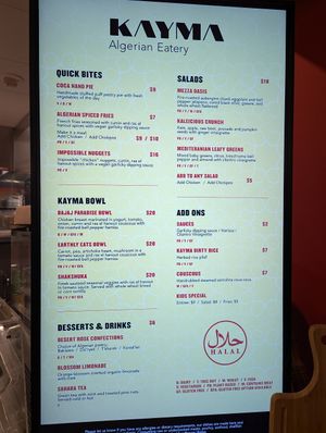 Menu at Kayma Algerian Eatery in San Francisco