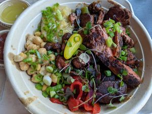 Close up bowl with lion's mane at Kayma Algerian Eatery in San Francisco