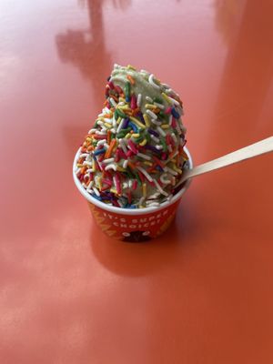 vegan vanilla blended with raspberry and matcha!  at Far Out in Brookline