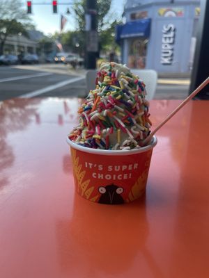 vegan vanilla blended with raspberry and matcha- topped with sprinkles!  at Far Out in Brookline