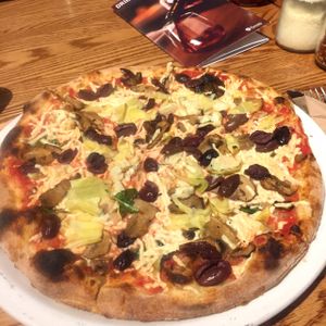 artichoke, kalamata olive, and mushroom vegan pizza at Famoso Neapolitan Pizzeria in Edmonton