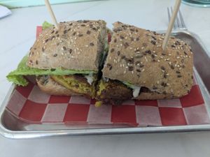 Vegan omelet sandwich at Cafe Landwer in Hallandale Beach