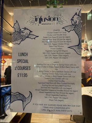Lunch time menu with vegan options marked   at Infusion 2018 in Newcastle Upon Tyne