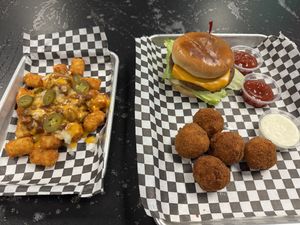 Chili cheese tots, OG burger and Mac Bombs   at Ruby D's Burger Joint in Tulsa