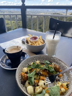 Gnocchi, chips, milkshake with a view  at The Edge Restaurant in Montville