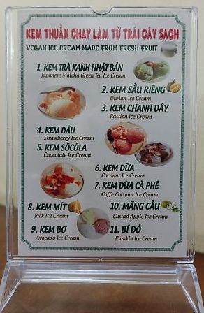 Vegan ice cream menu at Halo in Ho Chi Minh City