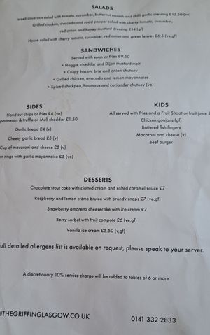 Menu 1 (April 2024) at The Griffin  in Glasgow