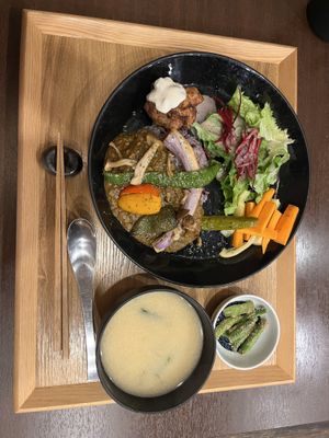 This is the curry dish, added on vegan seitan (“gluten meat”) for 300¥  at Komaki Shokudo in Tokyo