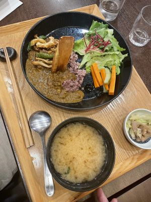 Curry, brown rice and miso soup  at Komaki Shokudo in Tokyo