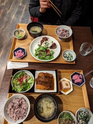 Top: soymeat karage set meal / bottom: komaki set meal at Komaki Shokudo in Tokyo