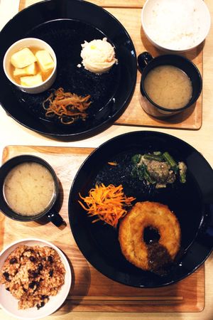 Shojin ryori inspired lunch set with fried gluten, fresh veggies, fermented brown rice, miso soup at Komaki Shokudo in Tokyo