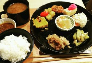 Daily plate with all of the dishes! Super yummy! at Komaki Shokudo in Tokyo