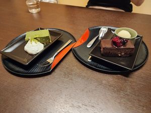 Match and chocolate cakes at Komaki Shokudo in Tokyo