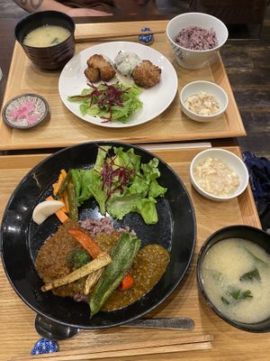 Karaage (top) and curry (bottom) - set meals.   at Komaki Shokudo in Tokyo
