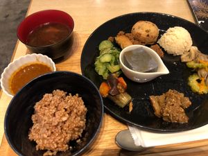 Shojin ryori special set lunch- brown rice, curry, miso soup, and 9 side dishes. at Komaki Shokudo in Tokyo