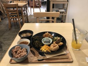 The ‘a bit of everything’ plate & OJ  at Komaki Shokudo in Tokyo