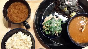 genmai (unpolished/brown rice, bottom left) and miso soup  at Komaki Shokudo in Tokyo