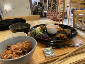 Large set with brown rice - some cold elements, some hot at Komaki Shokudo in Tokyo