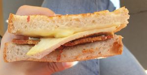 Bac'n + egg toastie $16.00 at Bean Brewed - Pop Up in Melbourne