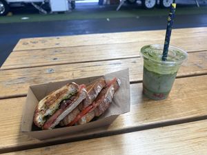 Pepperhony toastie and Strawberry Matcha   at Bean Brewed - Pop Up in Melbourne