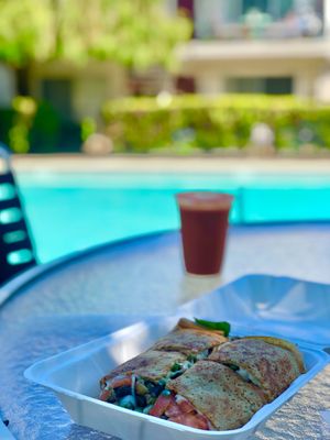 My Royal Veggie Crepe w/ Daiya Cheese & freshly juiced carrot juice! Amazing!! Beautiful! Full of flavor!! The crepe’s double-deckered—you’re only seeing the TOP LAYER!!! at Crepes Bistro in Santa Clara