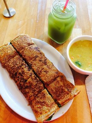 Garden Veggie Crepe, Mint Lemonade, Cup of Lentil soup at Crepes Bistro in Santa Clara