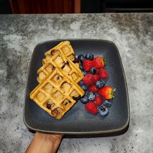 Blueberry Spelt Waffles & Mixed Berries at Una Vaina Vegan in New York City