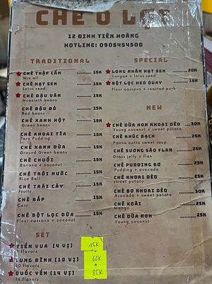 Menu  at Chè O Loi in Hue