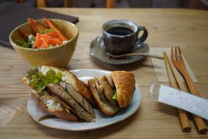 Vegan sandwich + side salad (not on menu) + coffee at Kofudo in Yamaguchi