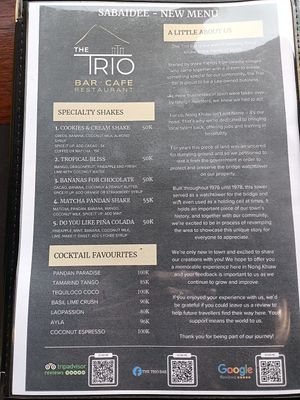 New menu. Everything on this page is vegan  at The Trio Bar in Nong Khiaw