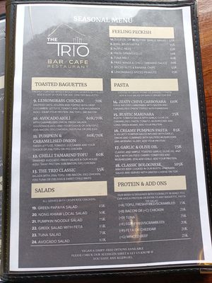 All baguettes vegan if you swap for tofu. Aioli vegan. Mayo NOT. #15,16,17 pastas all vegan. Pumpkin noodle salad vegan. Other salads except Nong Khiaw and tuna can be made vegan.  at The Trio Bar in Nong Khiaw