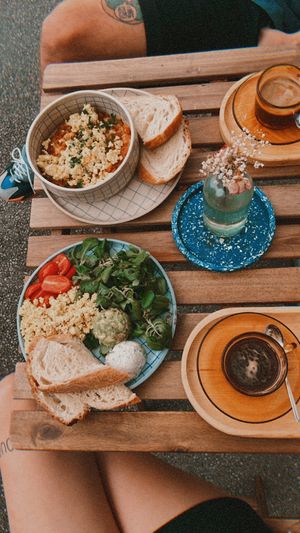 “Egg” breakfast and sataraš brunch with coffee  at Piccola Cafe in Ljubljana