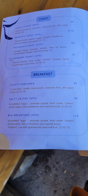 Menu at Piccola Cafe in Ljubljana