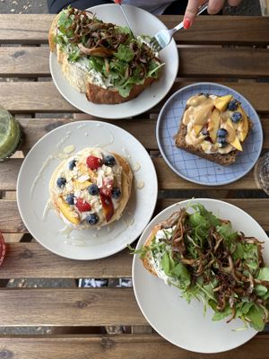 Pancakes, loaded cake with mascarpone and mushrooms toast with cream cheese and chives  at Piccola Cafe in Ljubljana