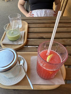 Raspberry lemonade and coconut milk matcha  at Piccola Cafe in Ljubljana