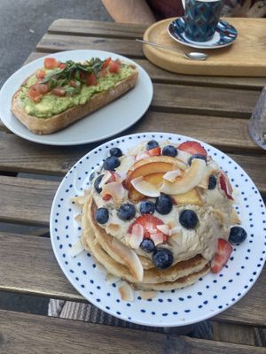 Avocado on toast and pancakes  at Piccola Cafe in Ljubljana