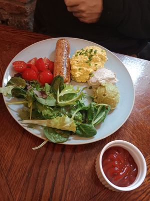 Vegan breakfast with extra sausage - so good! at Piccola Cafe in Ljubljana