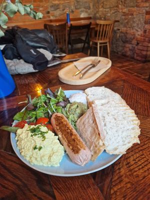 Breakfast with sausage at Piccola Cafe in Ljubljana