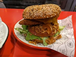Vegan bagel with heura chicken at El Pibe  in Barcelona