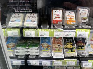 Lots of different types of tofu and sriram  at Le Retour a la Terre Rive Droite in Paris