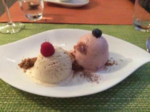 Delicious soya vanilla and strawberry ice cream
 at Helveg Cafe in Geneva