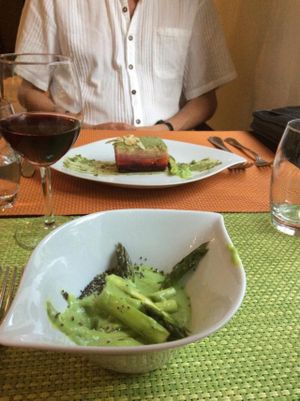 Delicious starters, best asparagus ever, and a lovely beetroot, fennel galette.  at Helveg Cafe in Geneva