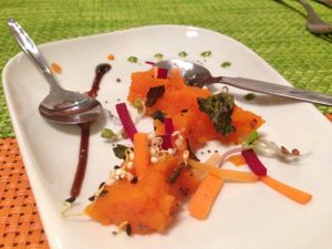 very tasty pumpkin and sea weeds appetiser at Helveg Cafe in Geneva