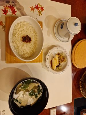 Rice with soup and pickled vegetables at Umenohana Dazaifu Villa Shizen-an in Fukuoka