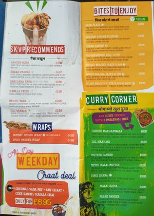 Photo of SKVP menu showing recommended meals, small bites, curries, wraps and meal deals. at Shree Krishna Vada Pav in Leicester