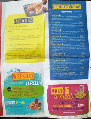 Photo of SKVP menu showing sandwiches, chaat and meal deals. at Shree Krishna Vada Pav in Leicester